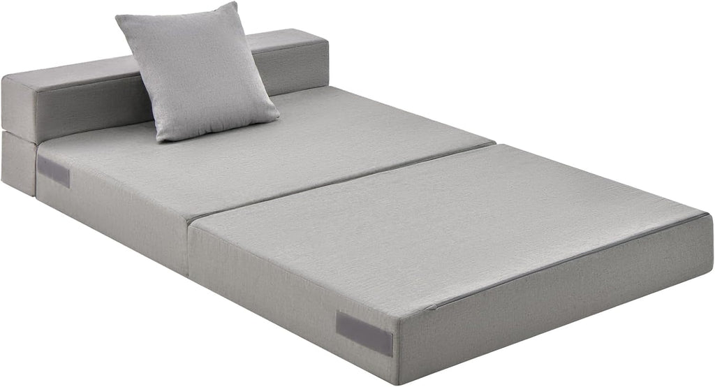 Giantex 6 Inch Folding Sofa Bed Couch with Pillow, Tri-fold Mattress with High-Density Foam, Foldable Floor Couch with Headrest, Portable Guest Bed with Zippered & Washable Cover, Grey
