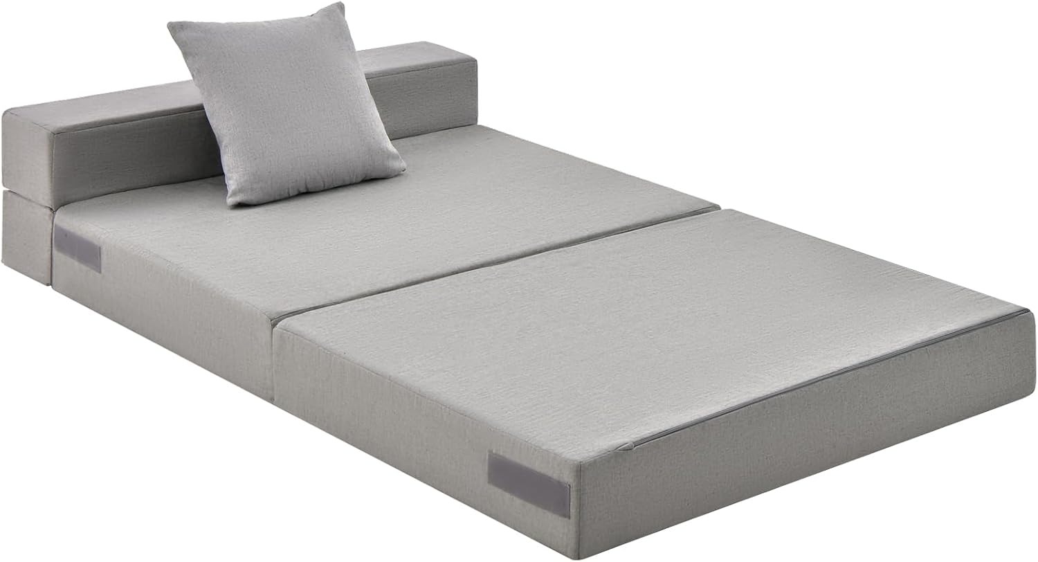 Giantex 6 Inch Folding Sofa Bed Couch with Pillow, Tri-fold Mattress with High-Density Foam, Foldable Floor Couch with Headrest, Portable Guest Bed with Zippered & Washable Cover, Grey