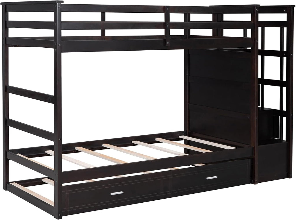 Harper & Bright Designs Twin Over Twin Bunk Bed with Staircase and Trundle, Solid Wood Bunk Beds with 4 Storage Drawers and Safety Guard Rail, Kids Bunk Bed Frame, No Box Spring Needed (Espresso)