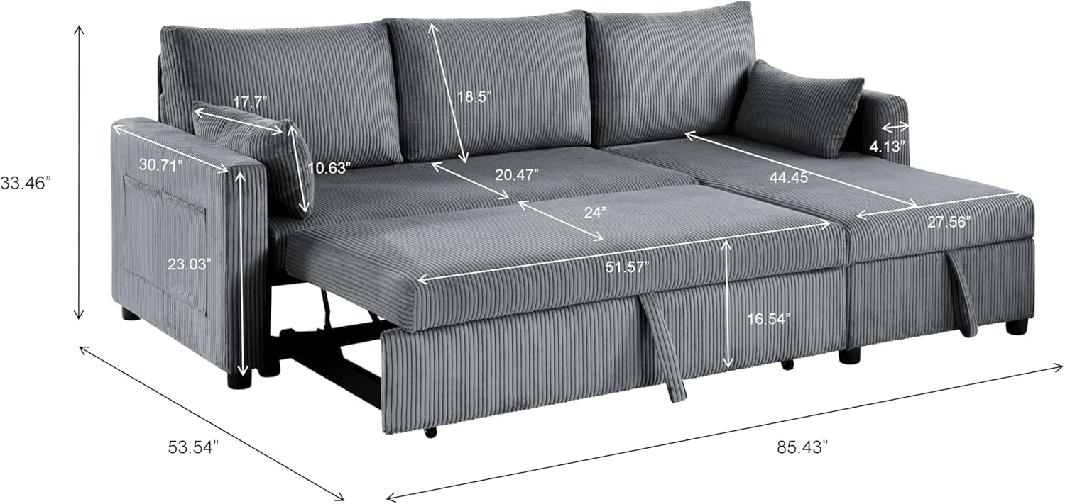 Queen Sleeper Sofa, Convertible Sofa Bed with Storage, 85 Inch Sectional Couch with Pull Out Bed, L Shaped 3 Seat Sectional Sleeper Sofa for Living Room, Apartment, Grey