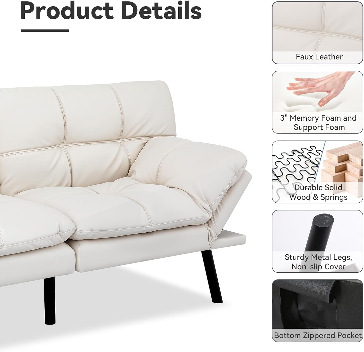 Convertible Faux Leather Sofa Couch,Memory Foam Futon Couch Bed,Small Splitback Modern Loveseat Sleeper Sofa Bed for Living Room, Office, Apartment, Pear White