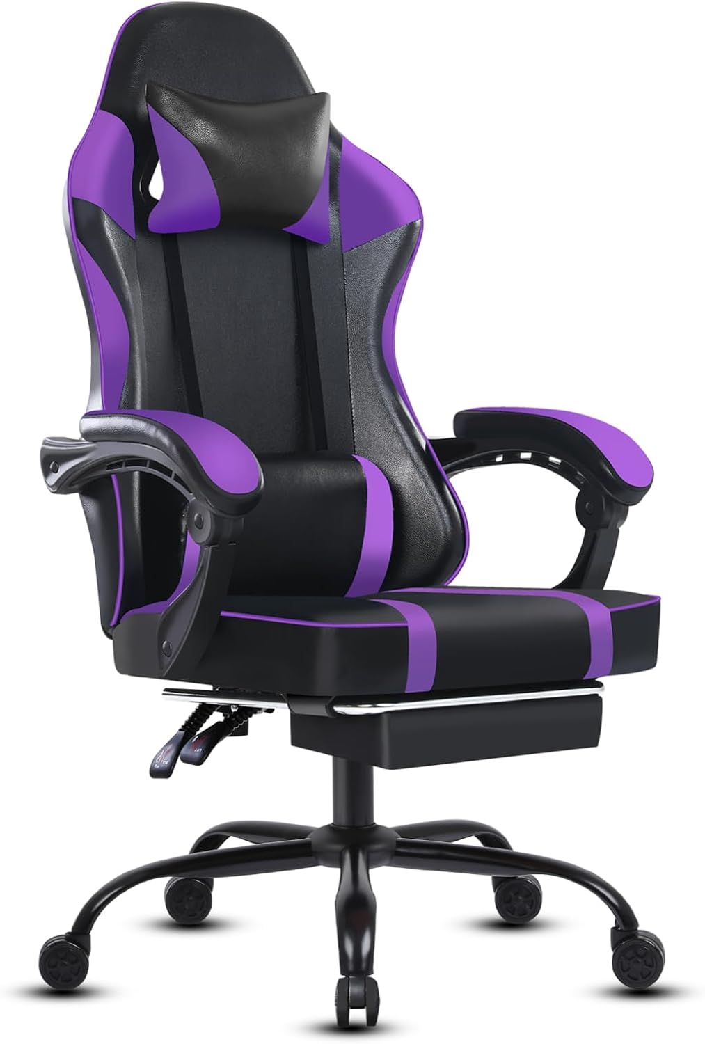 Video Game Chairs for Adults, PU Leather Gaming Chair with Footrest, 360° Swivel Adjustable Lumbar Pillow Gamer Chair, Comfortable Computer Chair for Heavy People, Purple