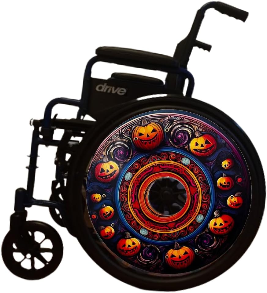 Designer Halloween Wheelchair Wheel Covers – Spooky Laughing Pumpkin Theme | Wheelchair Accessories | Enhances Aesthetics, Easy Install/Remove, Lightweight, (Party Pumpkin)