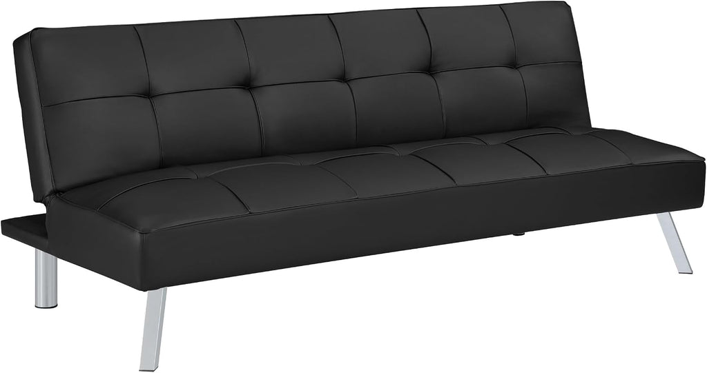 OSP Home Furnishings Kenneth Modern Button Tufted Convertible Click-Clack Futon Sofa Bed, Black Faux Leather with Chrome Legs