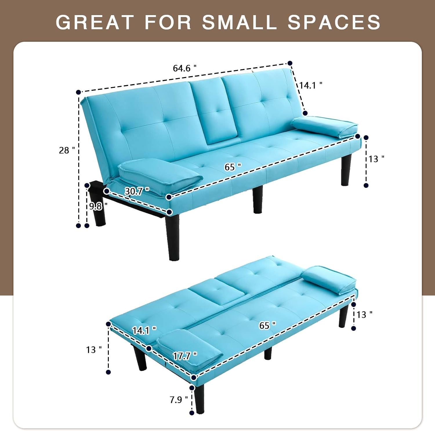 67' Futon Sofa Bed,Convertible Sofa Bed with 2 Cup Holders,Sleeper Couch PVC Leather Removable Soft Armrest Small Couch for Living Room Apartments ﻿ (Blue)