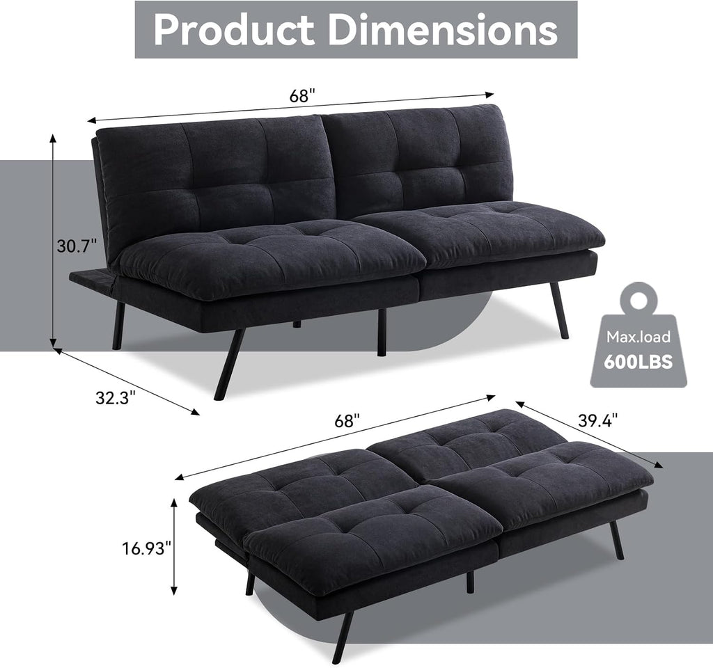 Hcore Polyester Memory Foam Convertible Futon Sofa Bed, Small Splitback Loveseat, 68' L x 32.3' W x 30.7' H, Black