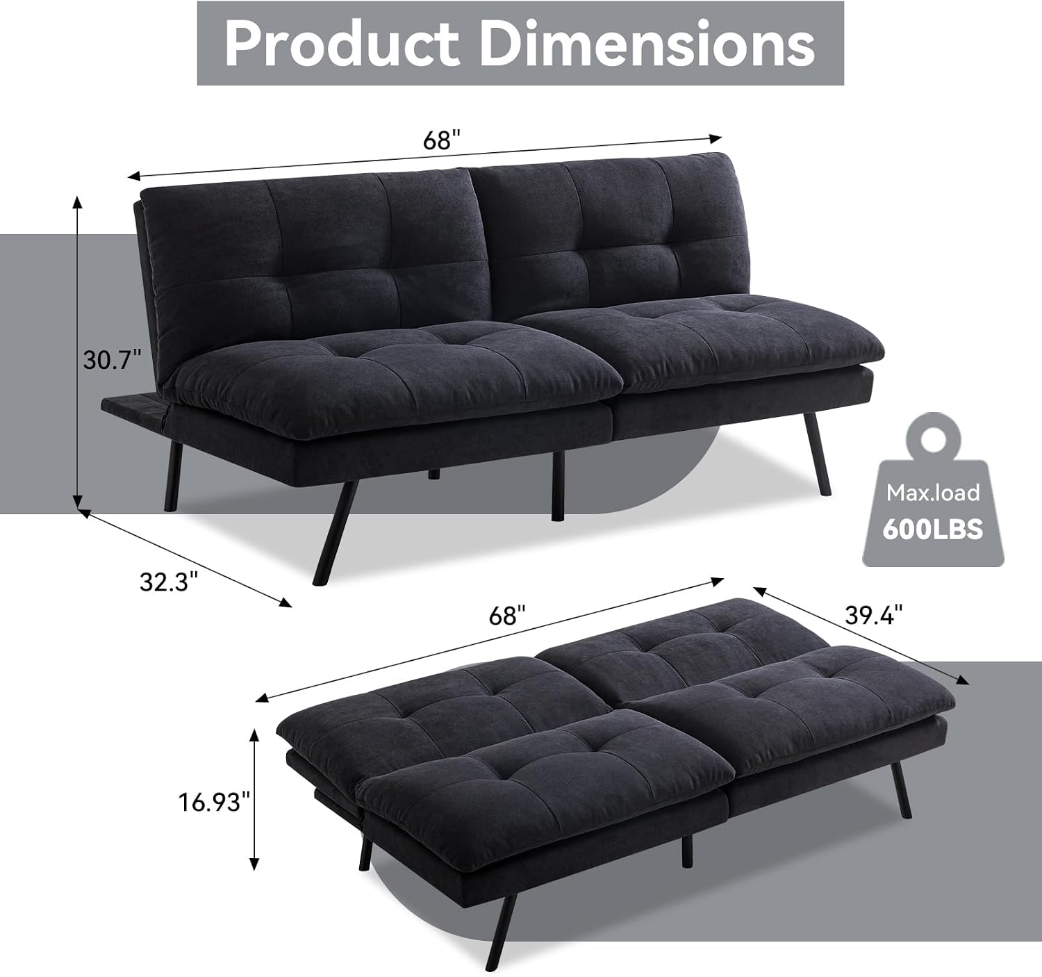 Hcore Polyester Memory Foam Convertible Futon Sofa Bed, Small Splitback Loveseat, 68' L x 32.3' W x 30.7' H, Black