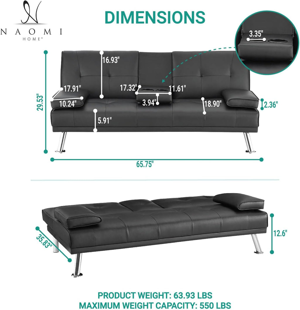 Naomi Home Low Profile Design: Convertible Folding Futon Sofa Bed Sleeper Couch for Living Room Faux Leather Upholstered Futon Sofa with Armrests, Metal Legs, 2 Cup Holders, Black