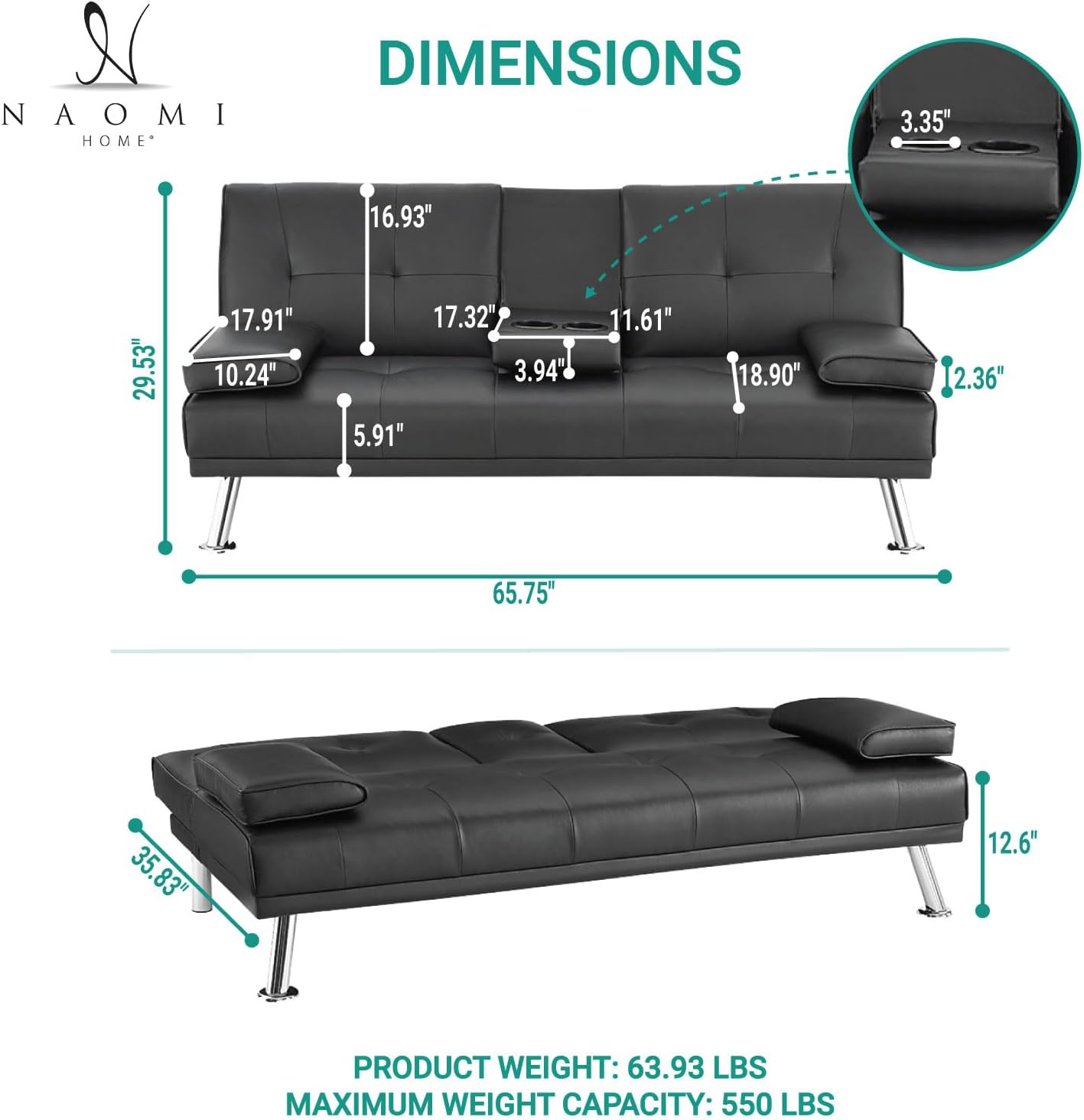 Naomi Home Low Profile Design: Convertible Folding Futon Sofa Bed Sleeper Couch for Living Room Faux Leather Upholstered Futon Sofa with Armrests, Metal Legs, 2 Cup Holders, Black