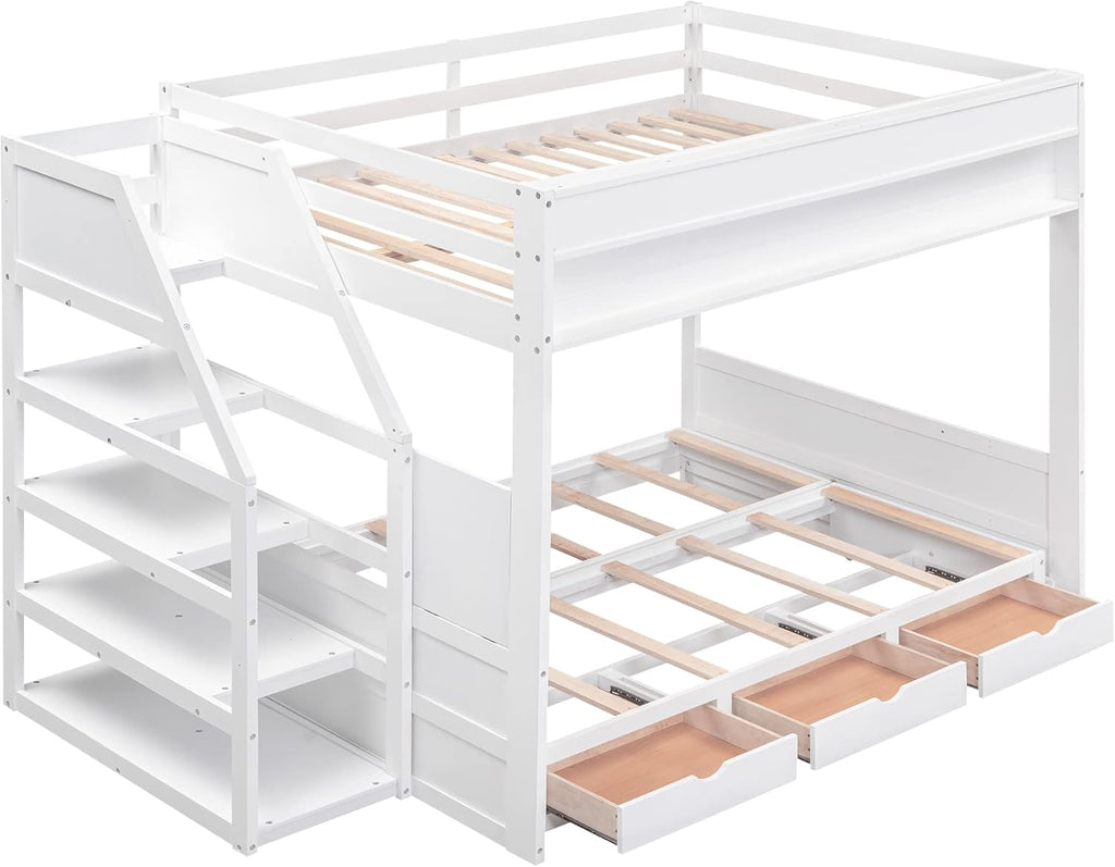 Futon Bunk Beds with Stairs,Full Over Full/Futon Bunk Beds with 3 Storage Drawers & Small Table,Bottom Bed Can Be Converted Into Daybed,Wood Full Loft Bed Frame for Kids Teens,White