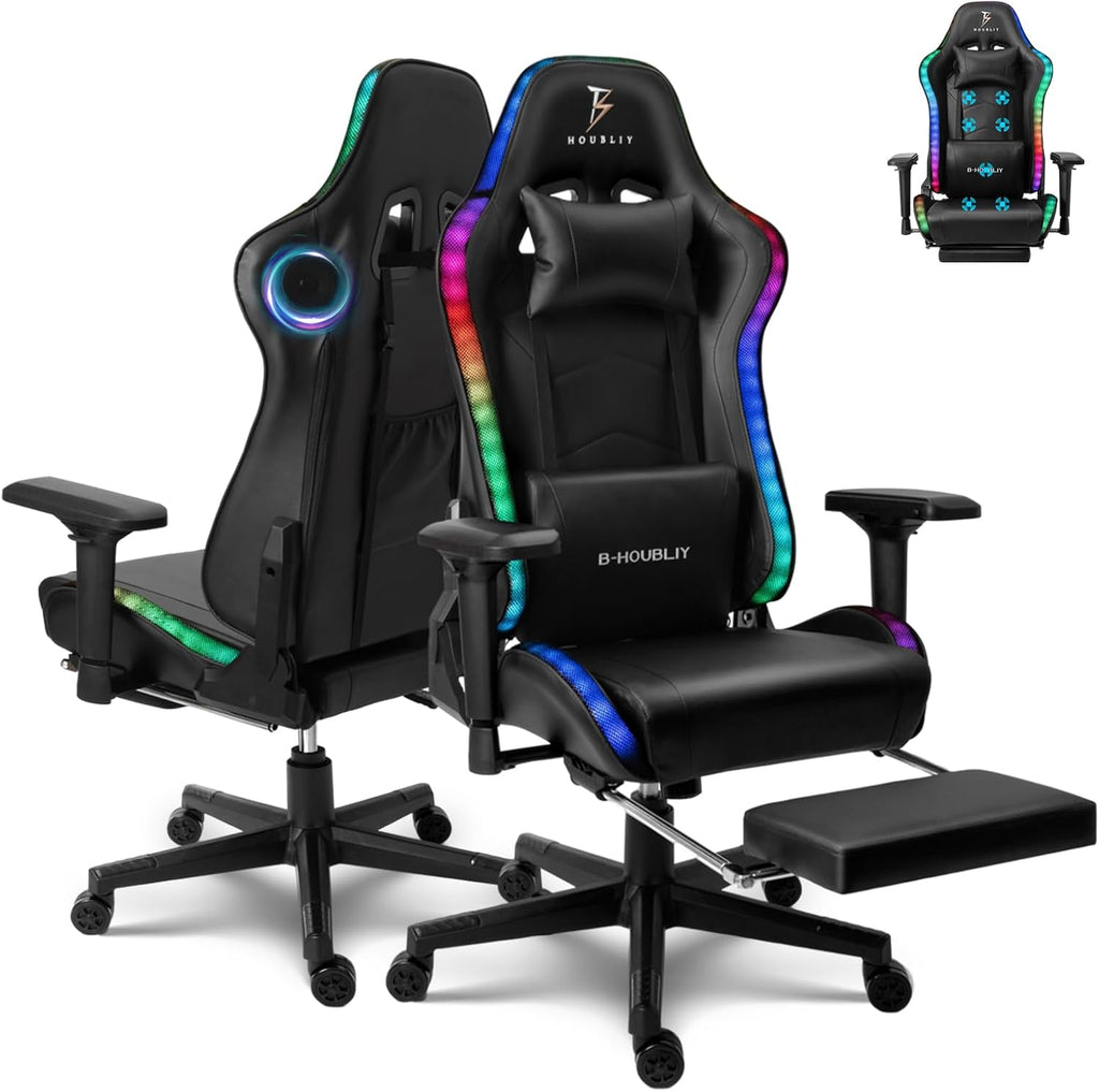 Ergonomic Pro Gaming Chair Video Game Chair with Footrest and 7-Point Massage Computer Chair with Speakers and RGB Lights Office Chairs Height Adjustable 4D Armrests Lumbar Support Headrest,Bl