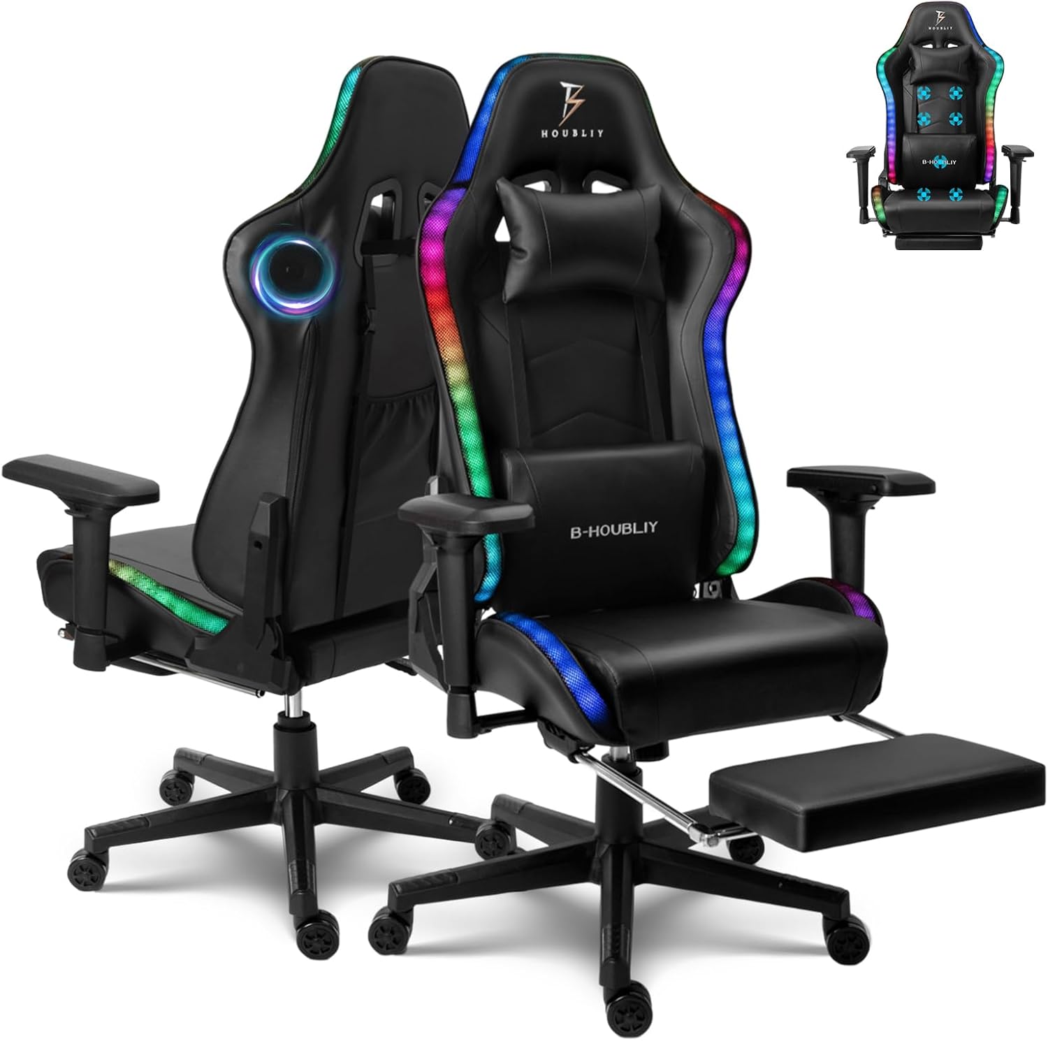 Ergonomic Pro Gaming Chair Video Game Chair with Footrest and 7-Point Massage Computer Chair with Speakers and RGB Lights Office Chairs Height Adjustable 4D Armrests Lumbar Support Headrest,Bl