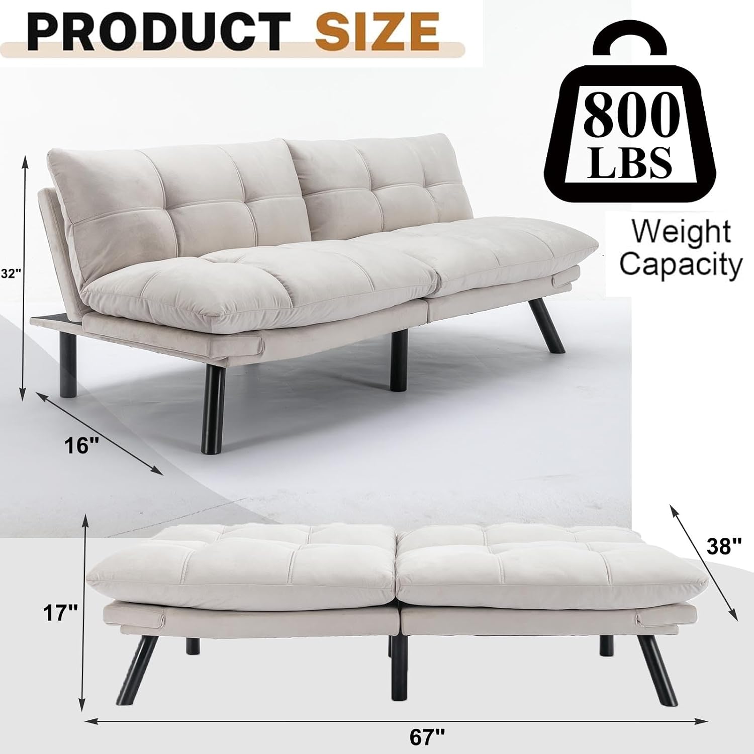 Anwick Velvet Convertible Futon Sofa Bed,71' Modern Comfy Loveseat Sleeper Sofa with Adjustable Backrest Armrest,Folding Futon Sleeper Recliner for Living Room,Office,Apartment (Cream)