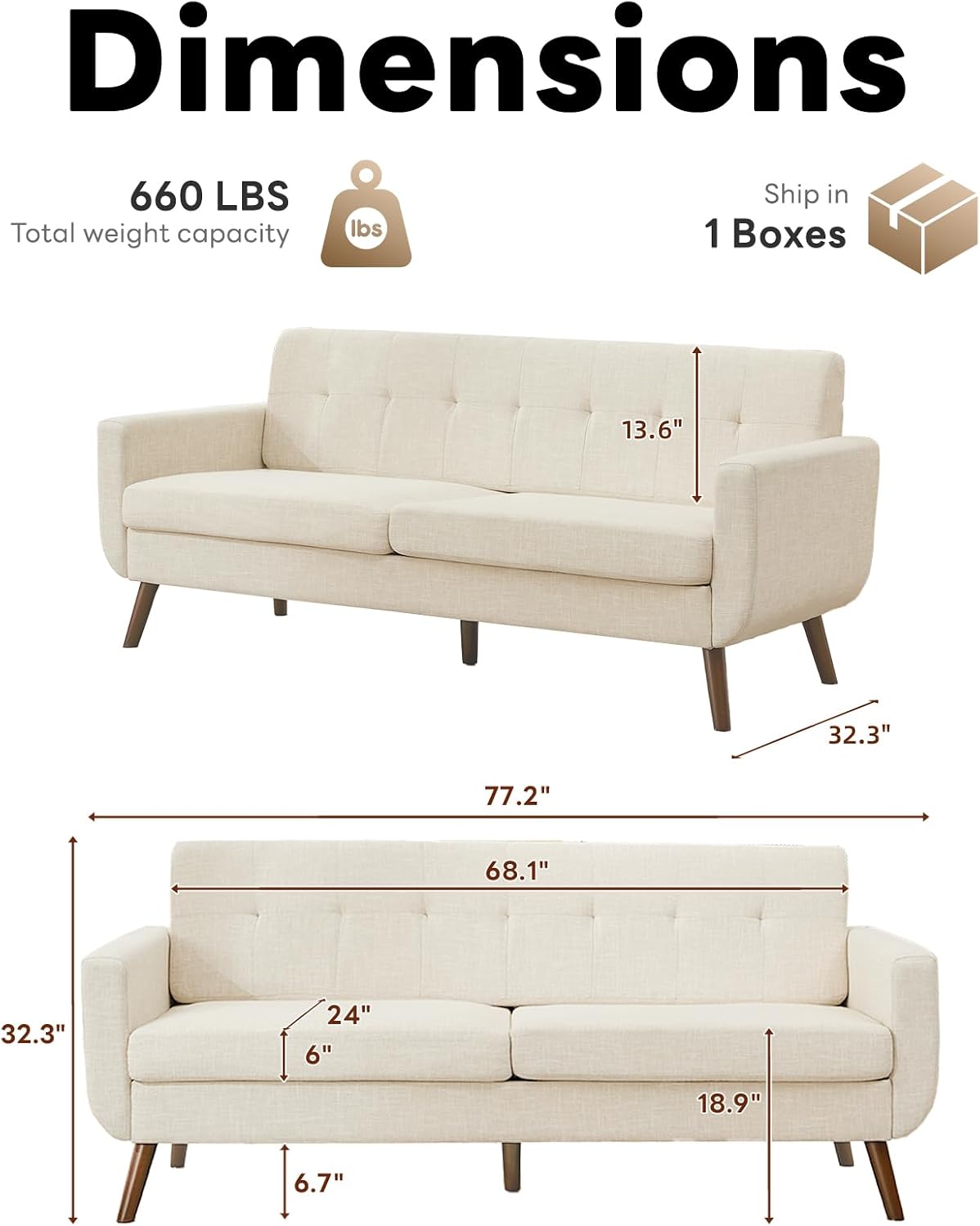 Tbfit 77.2' W Linen Sofa Couch, Mid Century Modern Decor Loveseat Couches for Living Room, Button Tufted Upholstered Small Couch for Bedroom, Solid, and Easy to Install Love Seats Furniture, Beige