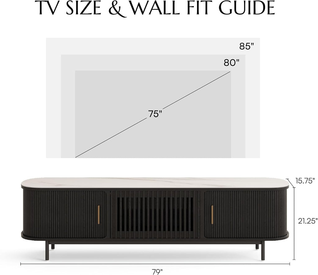 POVISON Fully-Assembled Sliding Tambour Door TV Stand, Mid Century Modern Sintered Stone TV Console, Wood Media Console for 75 Inch TV, Entertainment Center with Storage Cabinet(Black, 78.74')