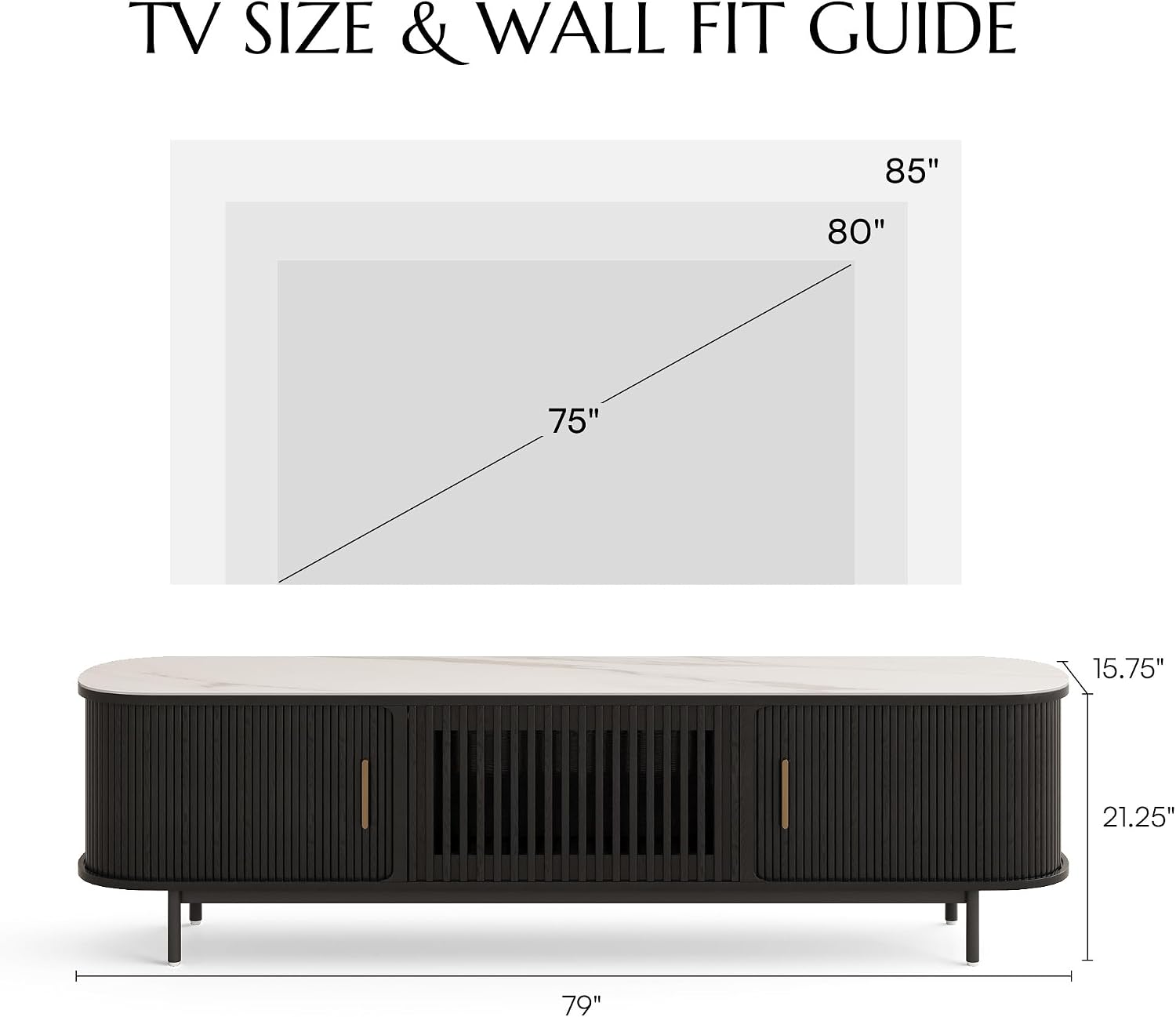 POVISON Fully-Assembled Sliding Tambour Door TV Stand, Mid Century Modern Sintered Stone TV Console, Wood Media Console for 75 Inch TV, Entertainment Center with Storage Cabinet(Black, 78.74')