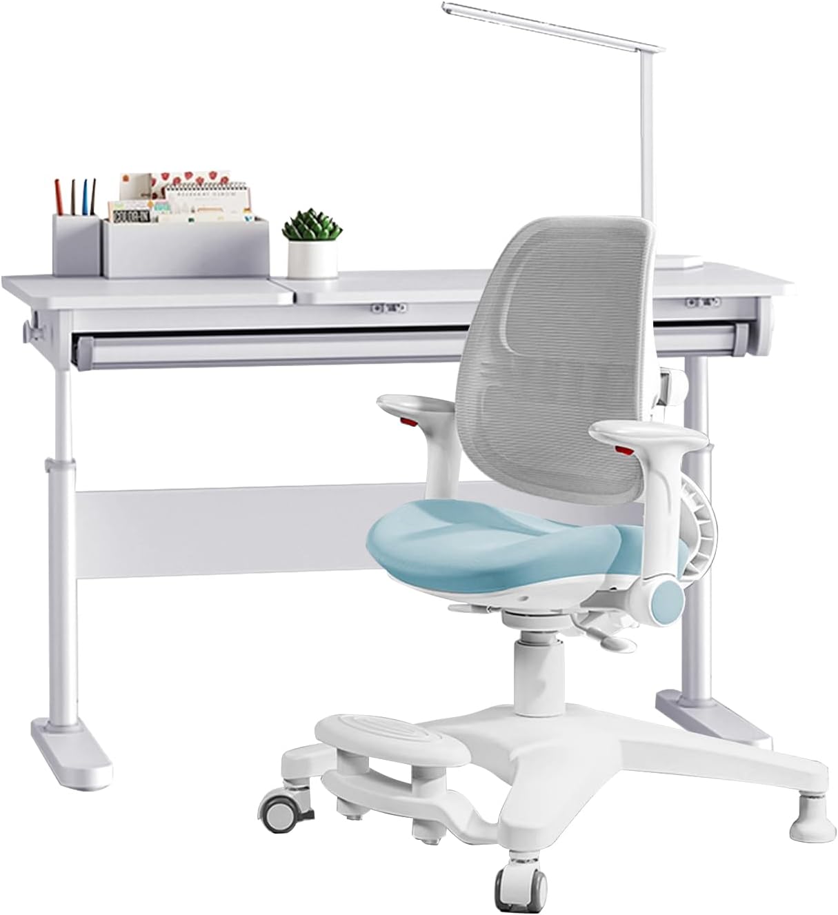FCD Desk and Chair for Kids, Wood Ergonomic Multi Function Adjustable Study Desk and Chair Set, Drafting Table and Computer Station for Children 5-18 (Blue Chair, Bookshelf Not Included)
