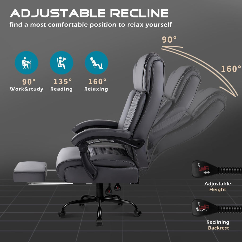 OFIKA Office Chair,Executive Heavy Duty Office Chair with Foot Rest Ergonomic High Back Computer Gaming Chairs Home Office 400lbs,Big and Tall Lumbar Support (Grey)