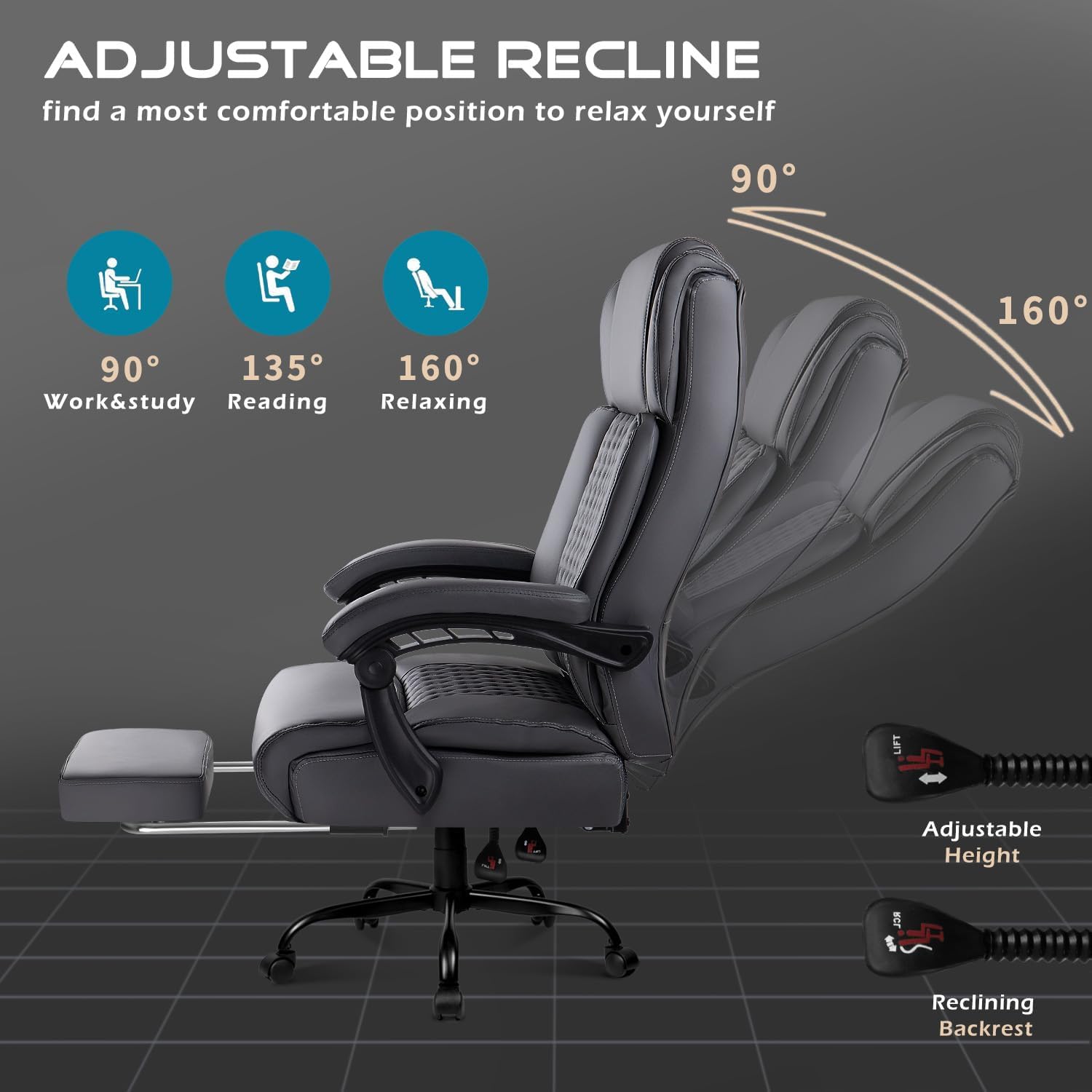 OFIKA Office Chair,Executive Heavy Duty Office Chair with Foot Rest Ergonomic High Back Computer Gaming Chairs Home Office 400lbs,Big and Tall Lumbar Support (Grey)