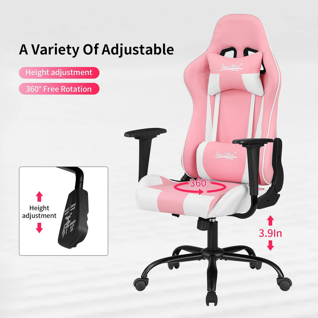Ergonomic Gaming Chair for Adults with Lumbar Support, High Back Leather Desk Chair, Adjustable Swivel Computer Chair with Footrest and Headrest, Office Chair for Home and Gaming Setup (Pink)