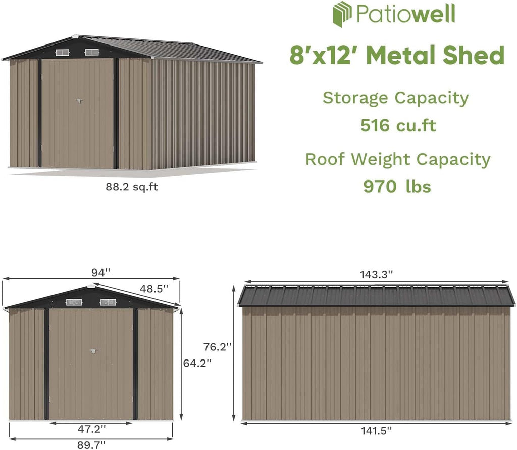 Patiowell 8 x 12 FT Metal Storage Shed for Outdoor, Steel Yard Shed with Design of Lockable Doors, Utility and Tool Storage for Garden, Backyard, Patio, Outside Use, Brown