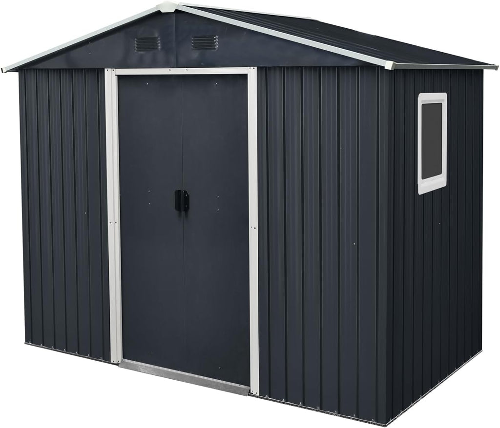 89in*47in Heavy-Duty Outdoor Metal Storage Shed with Floor Foundation & Window - Galvanized Steel Tool Shed, Tiny Home Backyard Solution w/Lock, Shelves & Anchors,Black White
