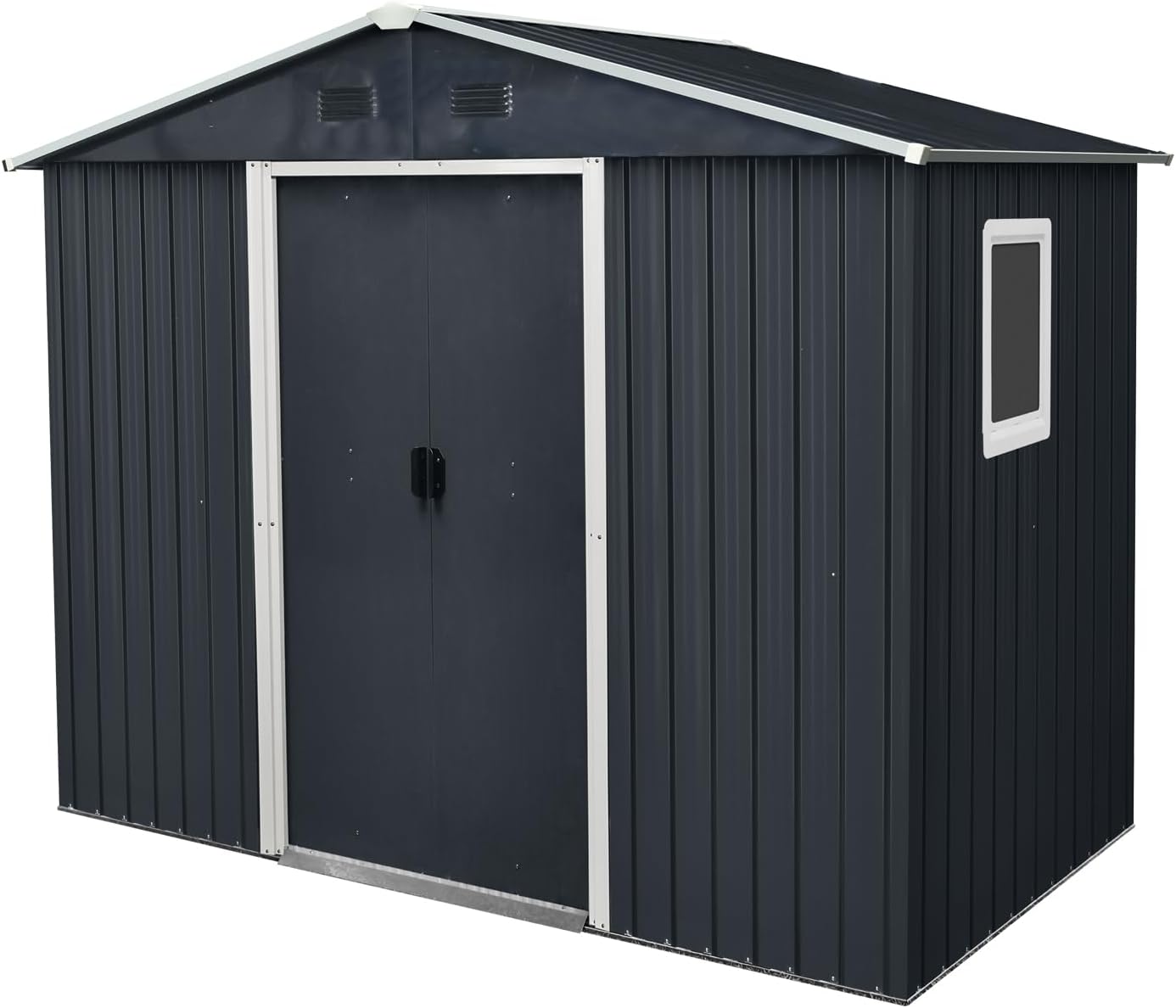 89in*47in Heavy-Duty Outdoor Metal Storage Shed with Floor Foundation & Window - Galvanized Steel Tool Shed, Tiny Home Backyard Solution w/Lock, Shelves & Anchors,Black White