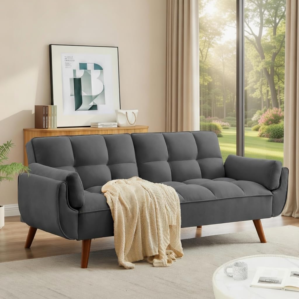Convertible Futon Sofa Bed, Modern Futon Couch with 2 Pillows, Small Futons Couch with Adjustable Armrest & Backrest, Loveseat Sofa Bed for Living Room, Bedroom, Dark Gray