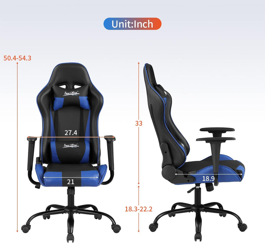 Ergonomic Gaming Chair for Adults with Lumbar Support, High Back Leather Desk Chair, Adjustable Swivel Computer Chair with Footrest and Headrest, Office Chair for Home and Gaming Setup (Blue)