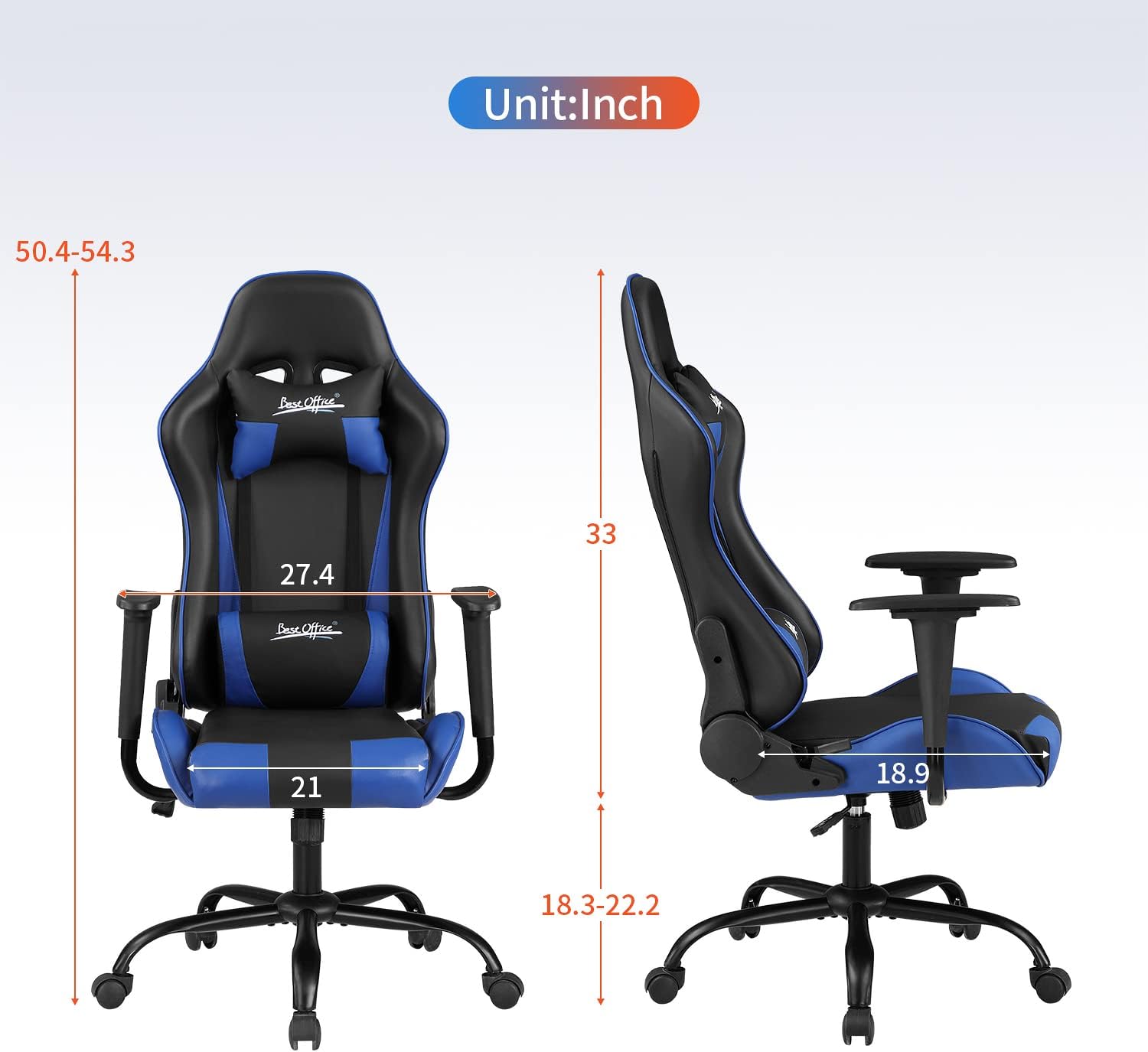 Ergonomic Gaming Chair for Adults with Lumbar Support, High Back Leather Desk Chair, Adjustable Swivel Computer Chair with Footrest and Headrest, Office Chair for Home and Gaming Setup (Blue)