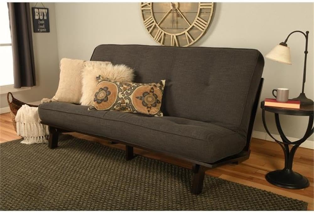 Kodiak Furniture Carson Full Size Futon Frame and Mattress Set - Java Brown Finish Wood Futon Frame with Mattress Included in Charcoal Gray Color