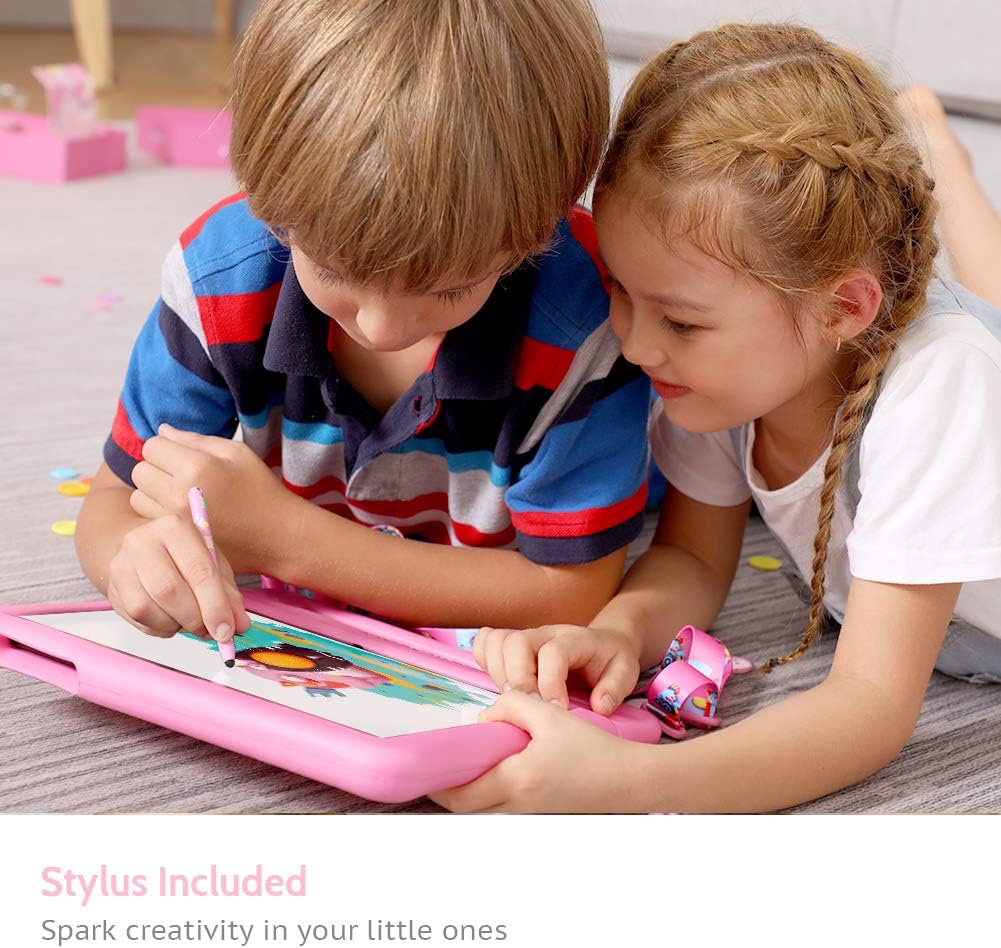 Kids Tablet 10 inch IPS HD Display Android Tablets with 32GB Storage, 2GB RAM, Quad Core Processor, KIDOZ Pre-Installed, Kid-Proof Case, Shoulder Strap and Stylus, WiFi Only – Pink