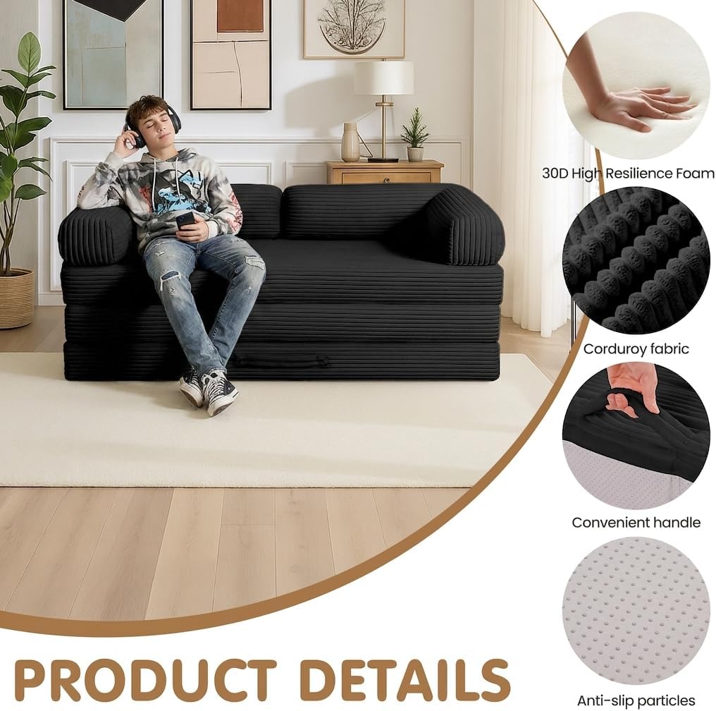 Convertible Sofa Bed Queen,5-in-1 Tri-Fold Boneless Couch with Removable Armrests & Handle,Corduroy Futon Sleeper Sofa,Floor Folding Mattress Pull Out Bed for Small Space Living Room Bedroom,Black