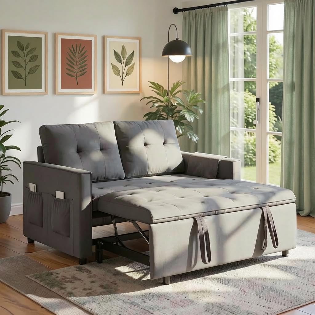 Sofa Bed, Pull Out Couch with Side Pockets, 3 in 1 Velvet Fabric Loveseat Sleeper Sofa Bed, Pull Out Couch with Adjustable Backrest for Living Room, Bedroom, Apartment, Gray, 53 Inch