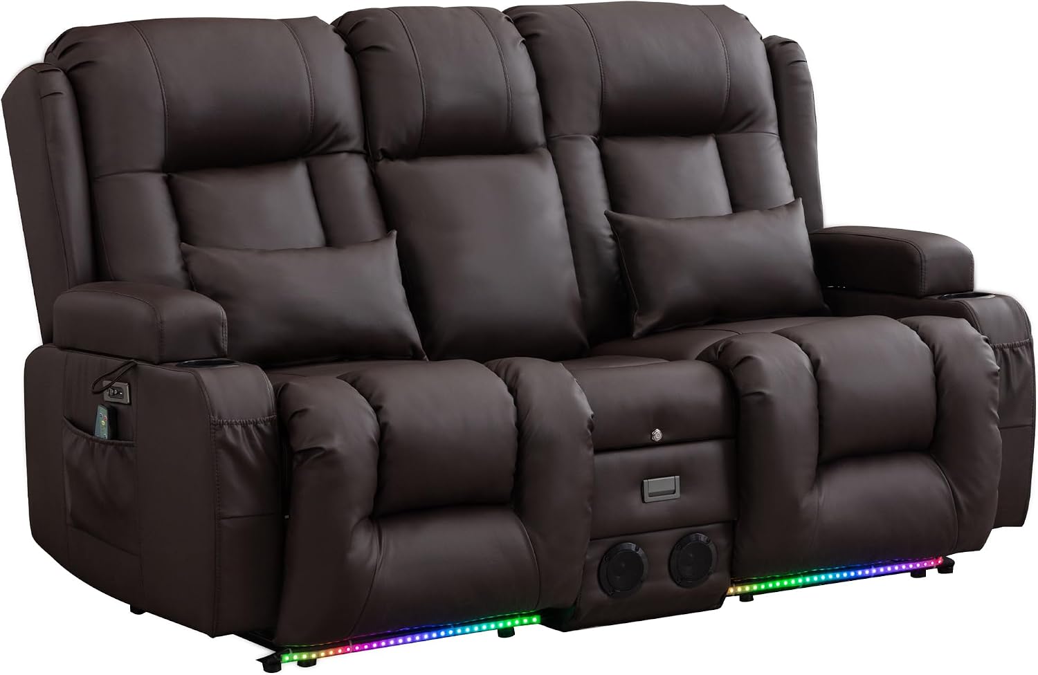 TUNYI Power Loveseat Recliner Sofa with Massage & Heat Home Theater Seating with Console RV Recliner Loveseat Sofa with USB/Storage/Side Pocket/LED Light/Speaker (Brown, Loveseat)