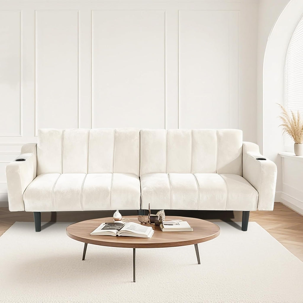 80' Velvet Futon Sofa Bed, Convertible Sleeper Loveseat with Cup Holders & Storage Pockets, Mid Century Modern Couch for Living Room, Bedroom, Office, Small Space (Off-White)