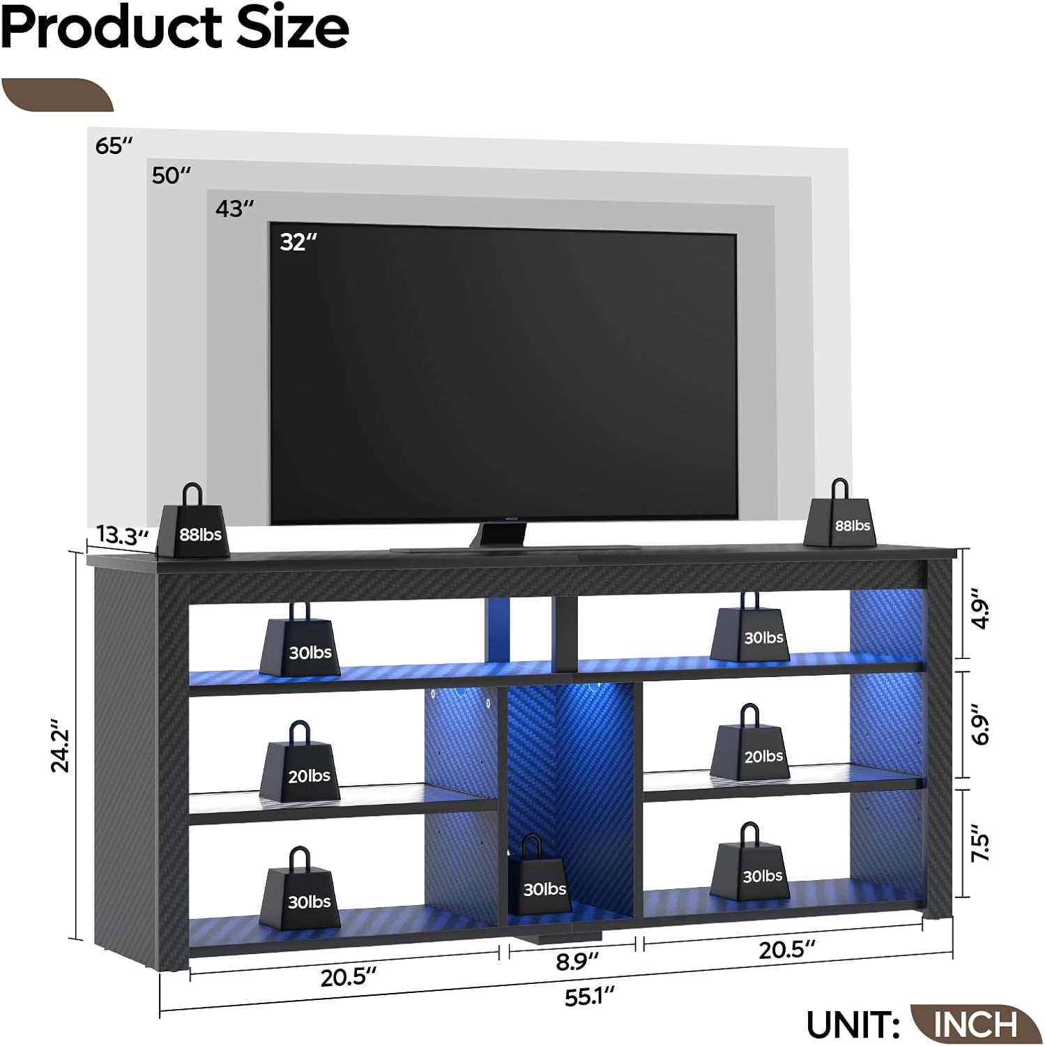 Bestier LED Tall TV Stand, Entertainment Center for 55/60/65 Inch TV, Gaming TV Console with Storage for PS4, Adjustable Shelf TV Cabinet for Living Room Bedroom, Carbon Fiber Black