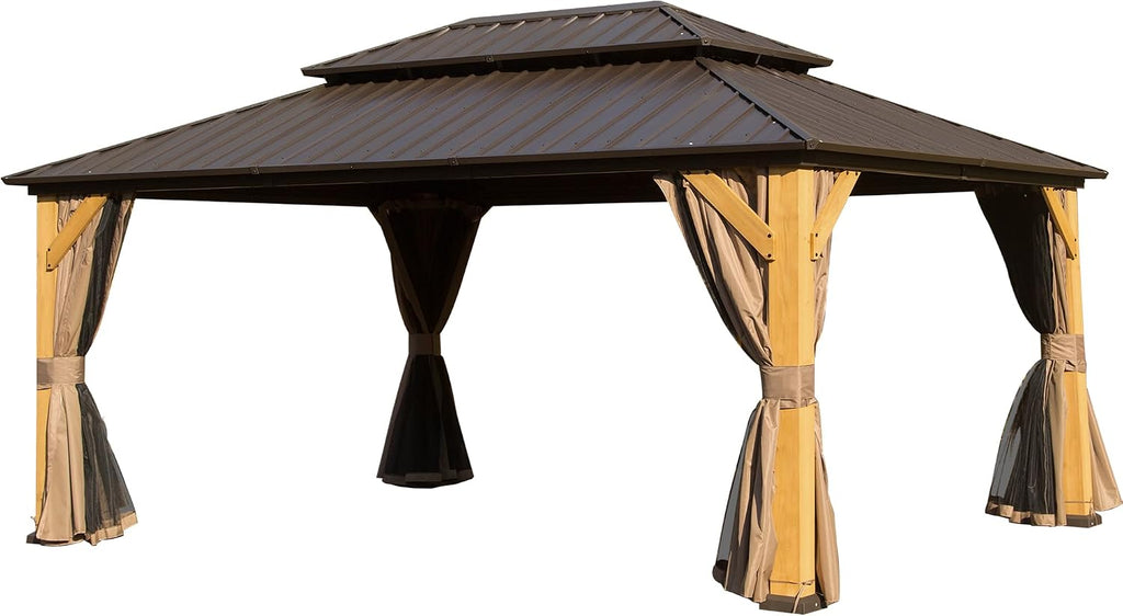 12x16FT Cedar Wood Gazebo, Solid Wood Hardtop Gazebo with Galvanized Steel Double Roof, Netting & Curtains, Outdoor Gazebo for Patio, Backyard, Deck, Lawns