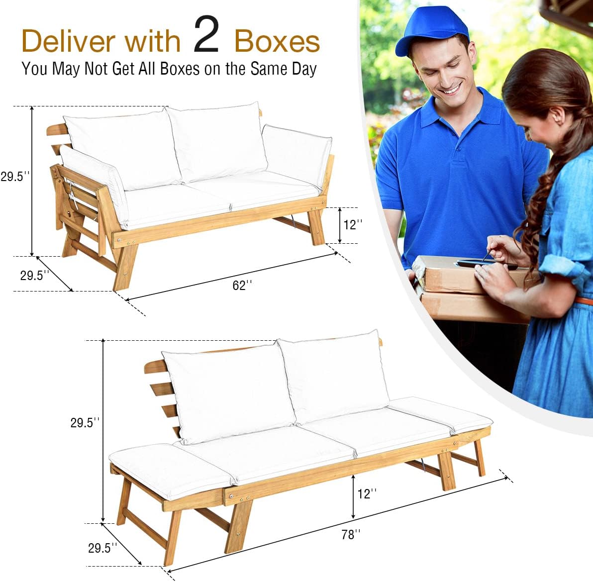 Tangkula Convertible Acacia Wood Patio Couch Sofa Bed with Adjustable Armrest, Outdoor Daybed with Cushion & Pillows, Outside Folding Futon Sofa Couch Bench for Porch, Courtyard, Poolside & Garden