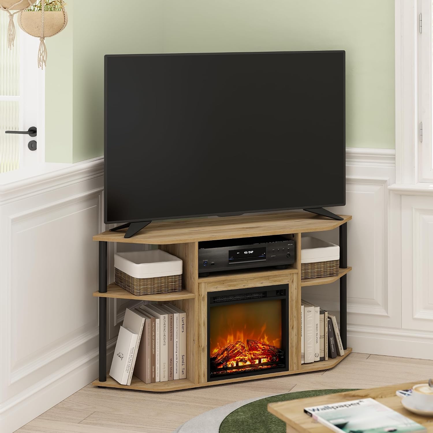 Furinno Jensen Fireplace TV Stand, Corner Entertainment Center, TV Console for TV up to 55 Inch with Fireplace, Plastic Poles and Open Storage, for Living Room, Bedroom, Flagstaff Oak