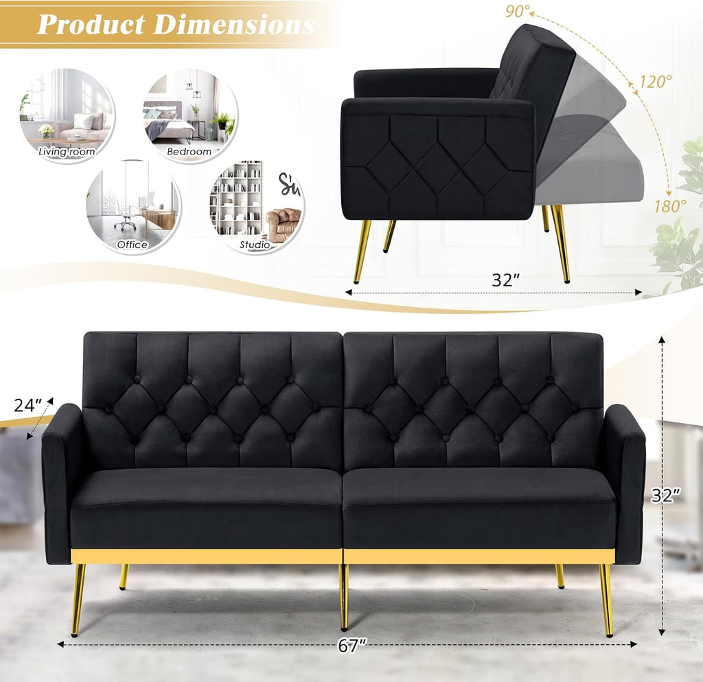 Velvet Futon Sofa Bed w/Adjustable Armrests & Backrests, Button Tufted Sleeper Couch, Modern Convertible Loveseat Sofa for Bedroom, Living Room, Apartment, Black