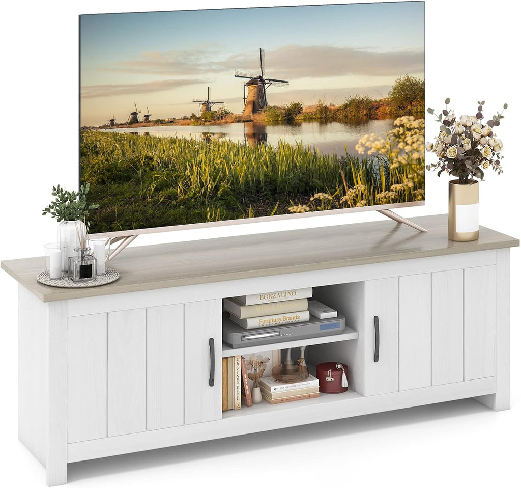 Tangkula 2 Doors TV Stand for TVs up to 65', 57' Media Console Table w/ 2 Cabinets & Open Shelves, 2 Cable Management Holes. Wood Entertainment Center Cabinet for Living Room (White Oak)