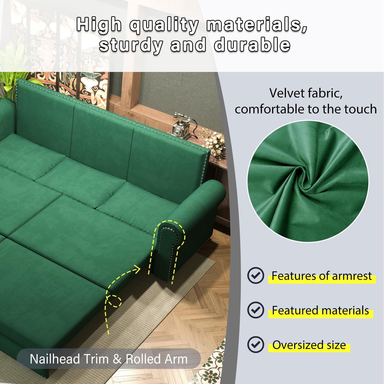 93.7' King Pull Out Sofa Bed, Velvet Sleeper Sofa Couch, 3 in 1 Convertible Futon Couches for Living Room, Small Space, Apartment, Office, Bedroom, Modern Rivet Armrest, Green