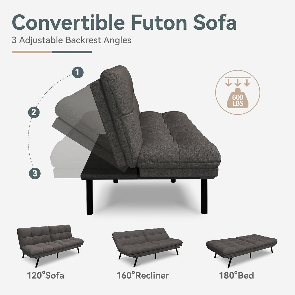 Futon Sofa Bed Convertible Couch, Grey Linen Sofa Bed with Memory Foam, Adjustable Backrest & Armrests, Multifunctional Small Loveseat Sleeper Sofa for Living Room, Apartment, Office
