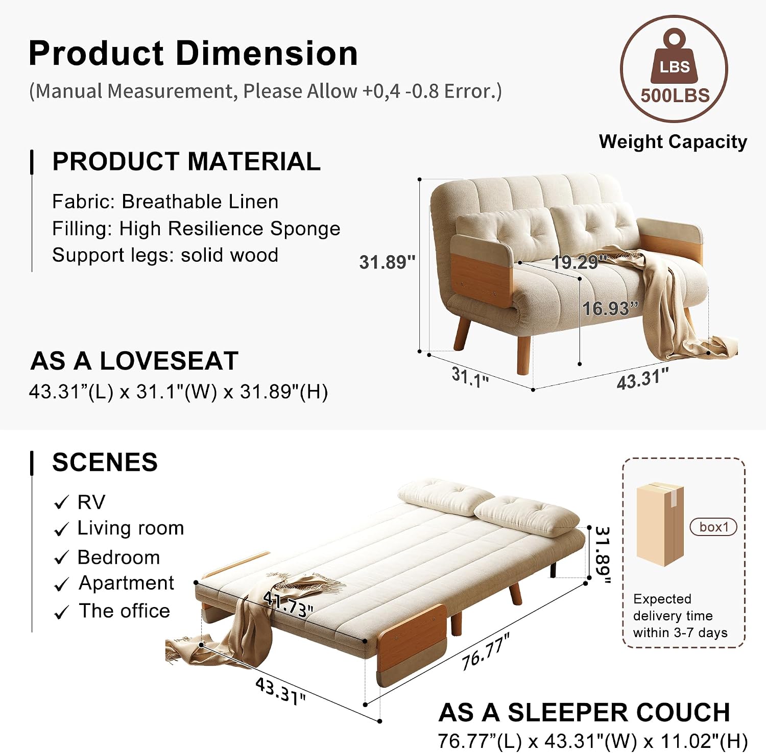 Convertible Chair Bed, Futon Sofa Bed Sleeper Chair with Solid Wood Leg and Storage Pocket, Linen Fabric Sofa Couch Guest Bed for Living Room, Bedroom, Office, Apartment (43.31)