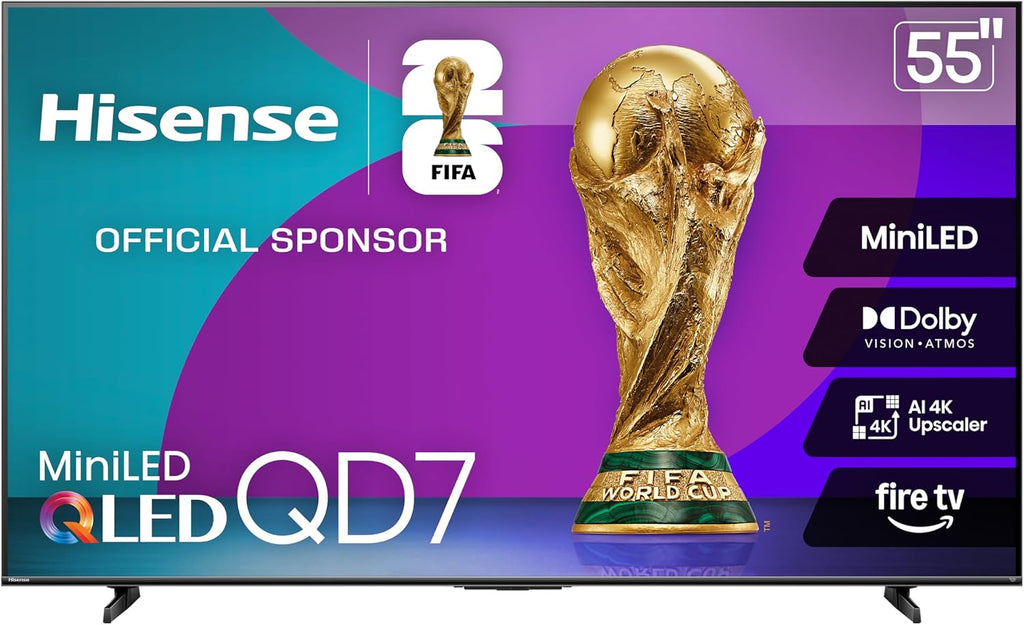 Hisense 55' Class QD7 Series Mini-LED 4K UHD Smart Fire TV (55QD7QF, 2025 Model) - QLED, HDR10+, Dolby Vision, Dolby Atmos, Game Mode Plus, ALLM, Alexa Built in with Voice Remote, Streaming TV, Black