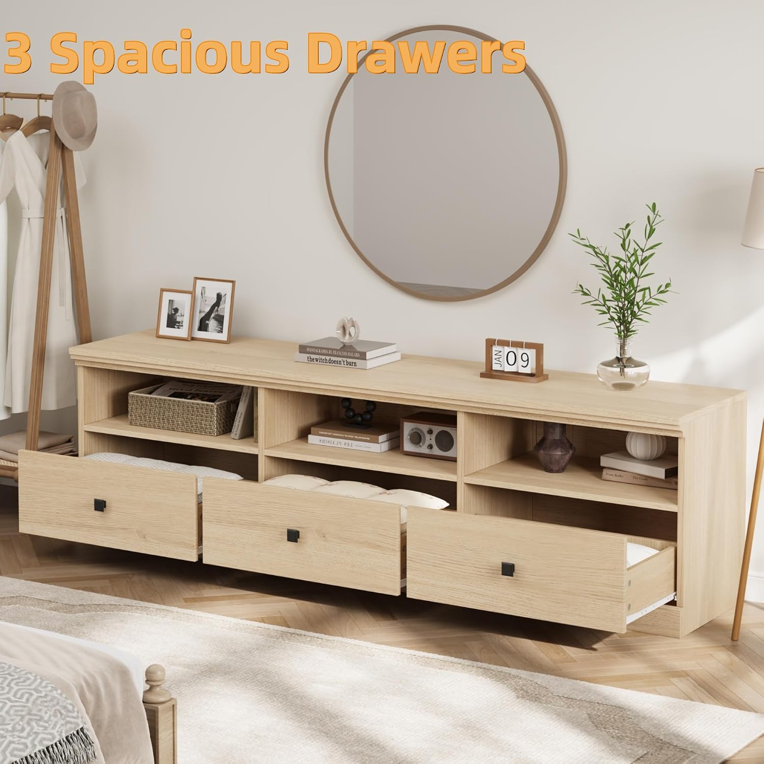 IDEALHOUSE 70in TV Stand for TVs up to 80', Mid Century Modern Entertainment Center with Storage Drawer and Open Shelves, TV Console Media Cabinet for Living Room, Bedroom, Light Oak