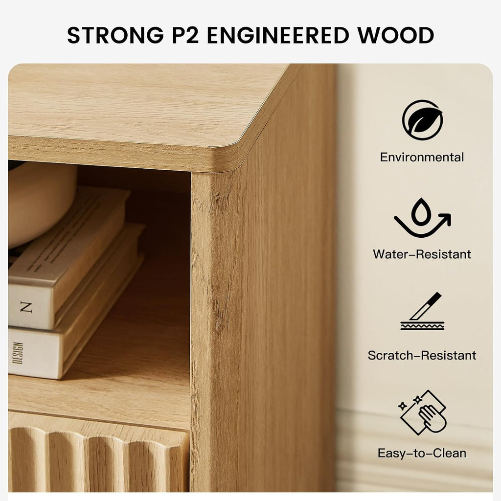 AMADA HOMEFURNISHING Fluted TV Stand for TVs Up to 65″, Mid-Century Modern Entertainment Center with Storage Drawers and Open Shelf, TV Console for Living Room or Bedroom, Natural Oak