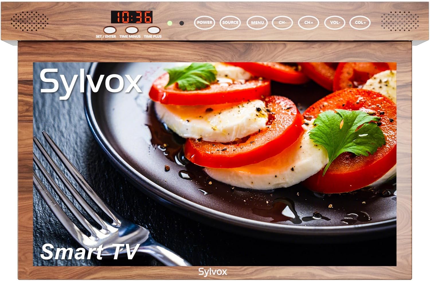 SYLVOX 15.6' Under Cabinet Smart TV – 360° Rotation, 90° Flip-Down Screen, Wireless Connectivity, Space-Saving Design for Kitchen, Bedroom, or RV. (Wood Grain Color)