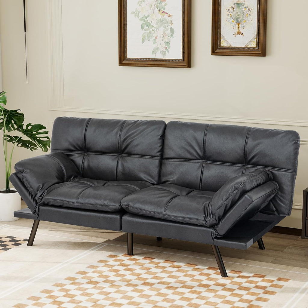 MUUEGM Futon Sofa Bed Convertible Couch,Memory Foam Futon Sofa Couch,Sleeper Futons Sofa Couches,Small Splitback Modern Loveseat Sofa Bed for Living Room,Office,Apartment,Faux Leather,Matte Black.